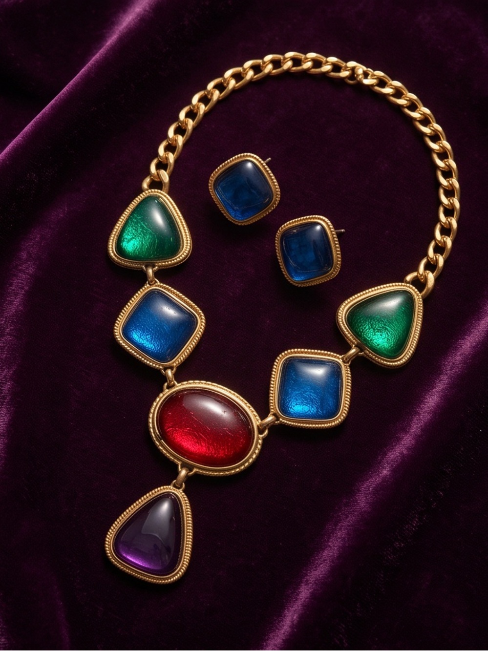 Kenneth Jay Lane Multicolor Cabochon Gold-Tone Necklace and clip on earrings set - Picture 2 of 4
